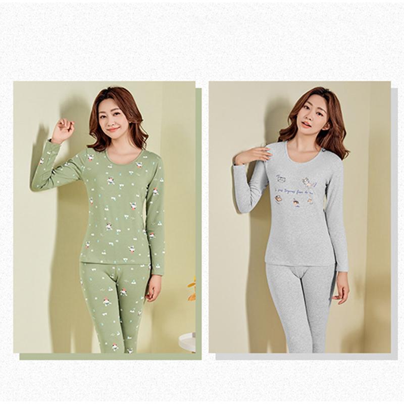 Autumn Winter Cotton Printed Floral Women Thermal Underwear Sets Slim Warm Suit