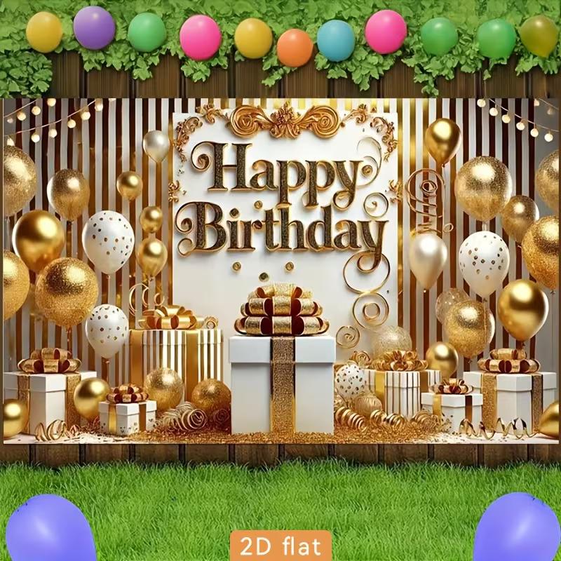 2D Gold Happy Birthday Backdrop, White Gold Balloon Gift Box Photography Background for Party