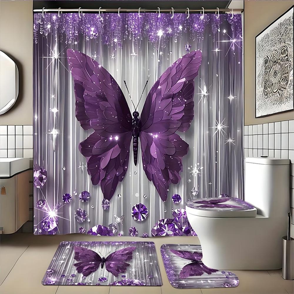 Dunkelblau Rose Schmetterling Muster Duschvorhang Set, Rutschfester Badezimmerteppich, Toiletten-U-förmiges Kissen, Toilettensitzbezug Kissen