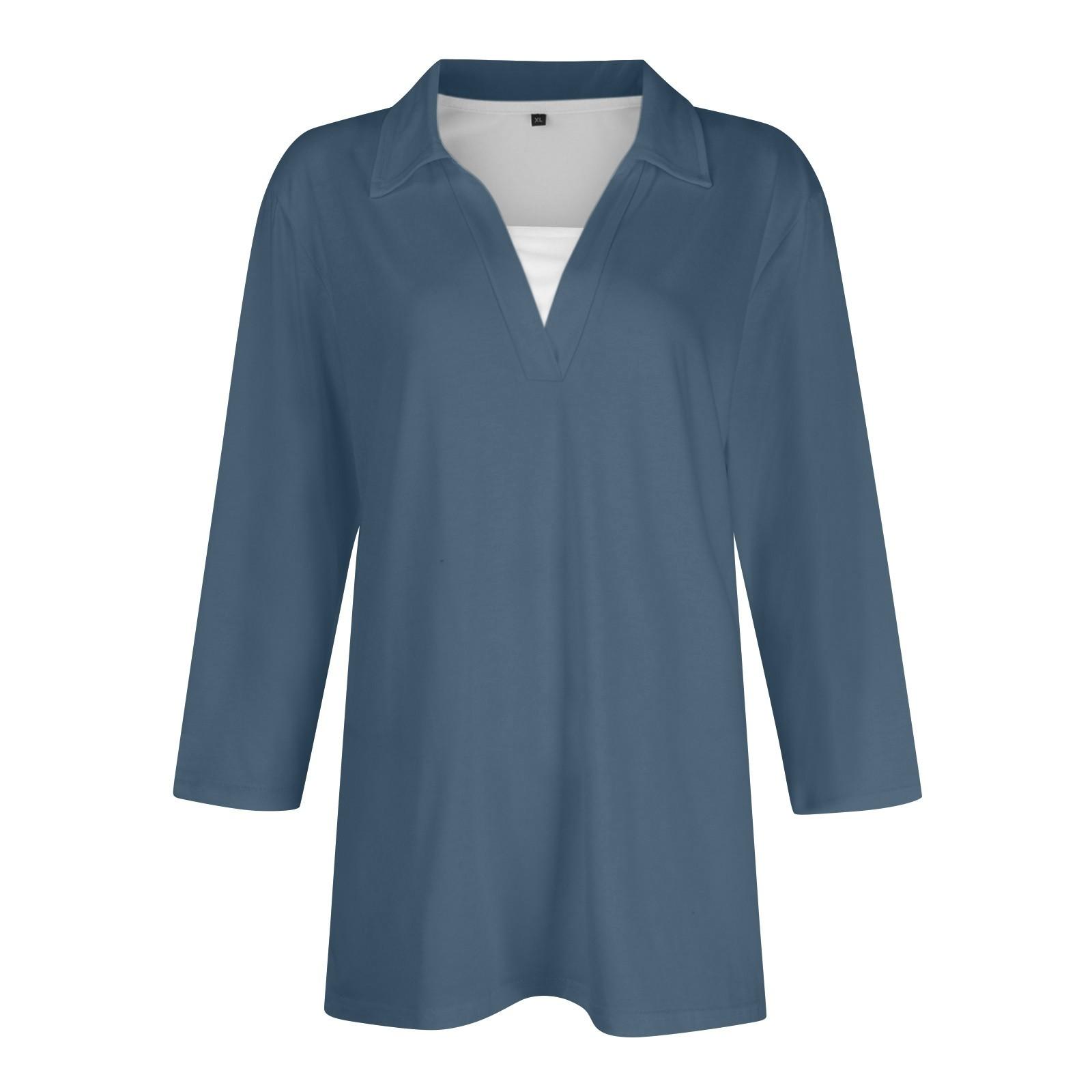 

Женская модная повседневная свободная однотонная футболка с рукавом 3/4 с лацканами, женский топ XXL тёмно-синий