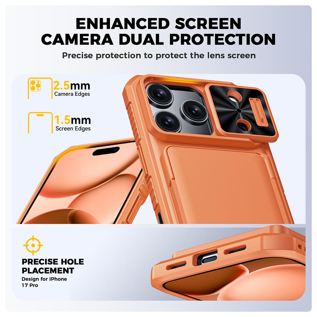 Shockproof Protective Wallet Case with Card Holder, Kickstand and Sliding Camera Cover for iPhone 17 Pro-Orange