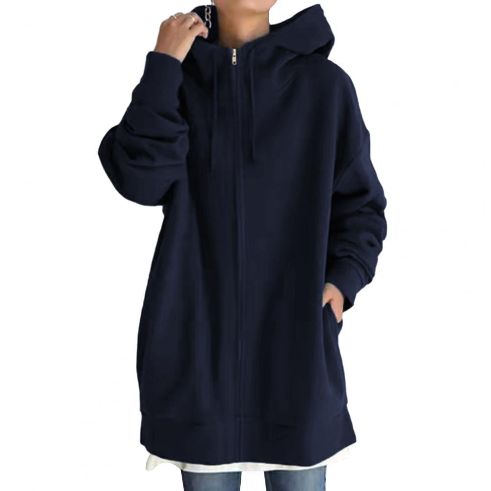 

Жіноча довга худі-куртка на блискавці зі шнурком, туніка-світшот однотонного кольору, кардиган з відкритим передом, осінньо-зимовий пуловер з капюшоном L темно-синього кольору