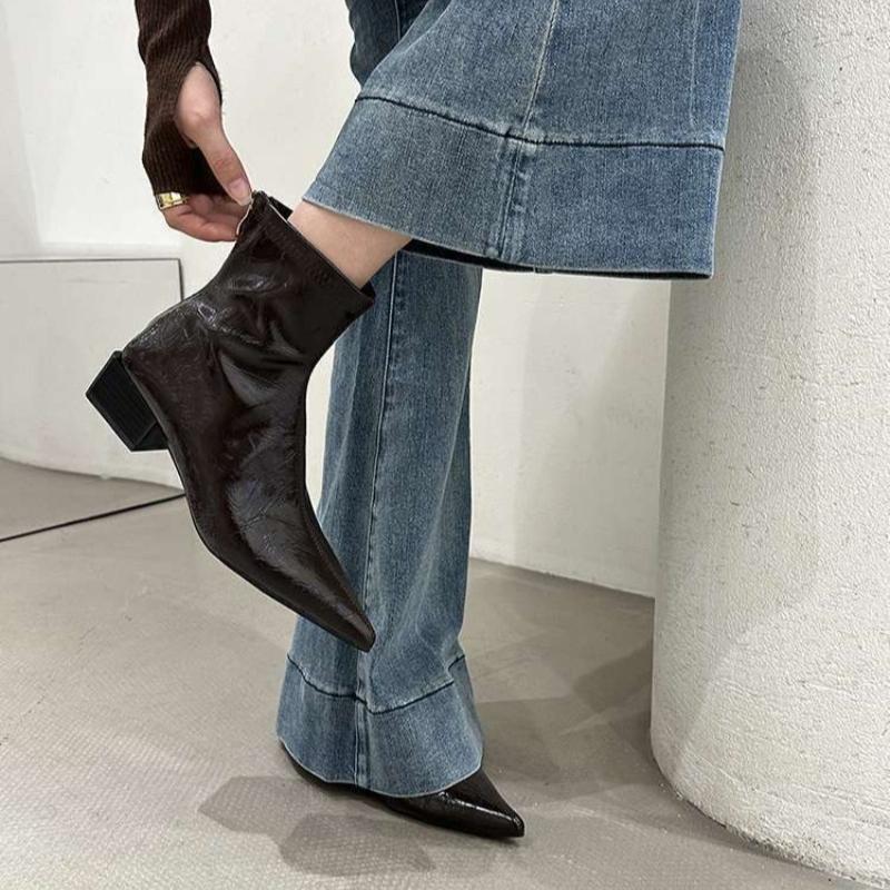 Short Boots for Women Thick Heeled Short Boot Retro Pointe Toe Ankle Boots for Women New Casual Leather Boot Botas Mujer