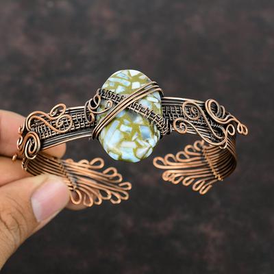 Bracciale a Bracciale in Larimar di Rame Filo di Rame Avvolto Bracciale Regolabile Braccialetto con Pietra Preziosa Gioielli in Filo di Rame Regalo per Lei Bracciale Designer Fatto a Mano