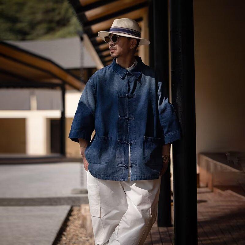 Summer New Chinese Style Vintage Denim Jacket For Men And Women, Loose Retro Button Washed Denim Top