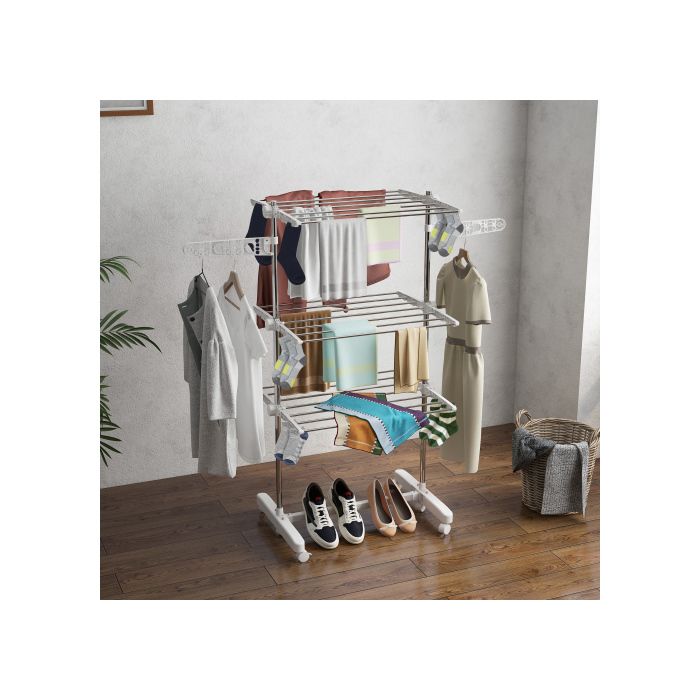 HOMCOM Mobiler Wäscheständer, dreifach faltbar, mit Rädern, 80-142 x 55 x 152 cm