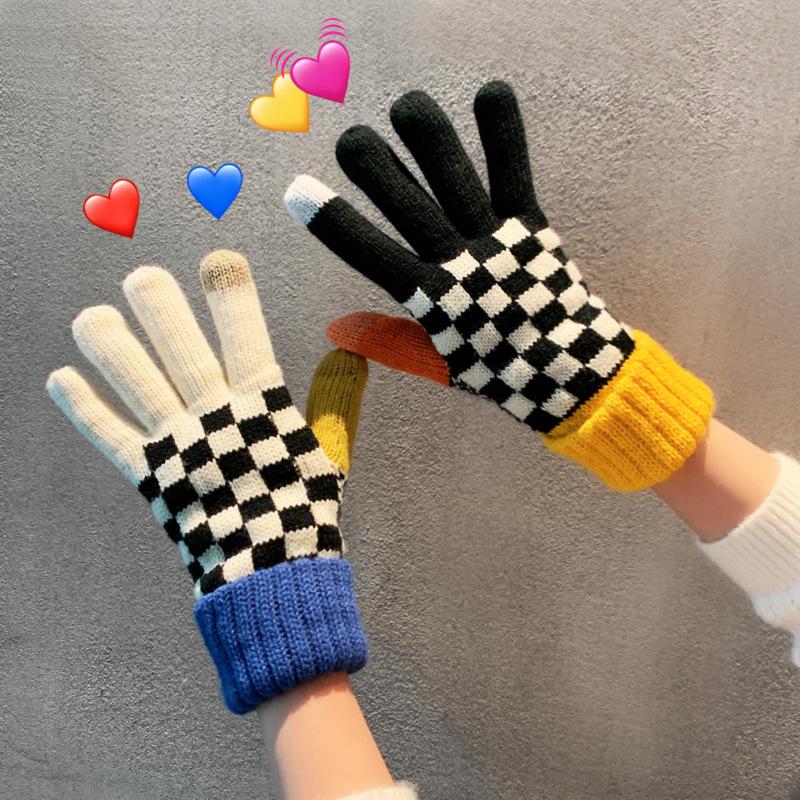 Winter Fleece and Thickened Touch Screen Color Blocking Striped Gloves for Girls Korean Version Instagram Cute Student Cycling Warm Gloves