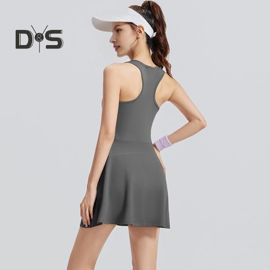 Damen-Sportkleid mit Brustpolstern, ärmellos, Racerback, Fitnesskleid mit Frontreißverschluss, Sicherheitsshorts, Sportbekleidung