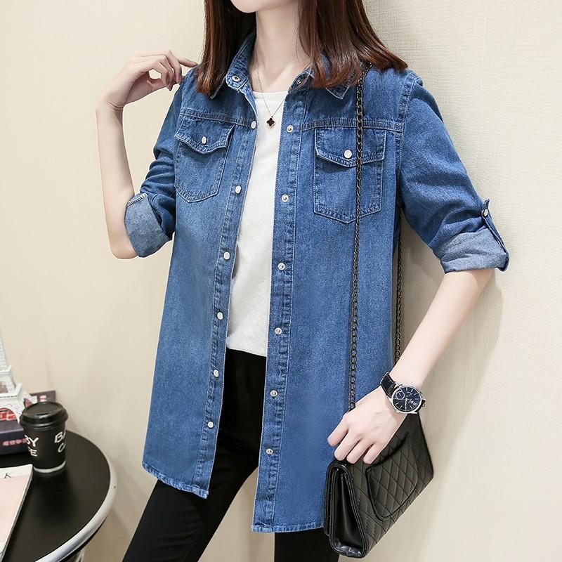 

Классическая однотонная джинсовая куртка средней длины с длинным рукавом для женщин, офисная работа, весеннее джинсовое пальто больших размеров XXXL синий