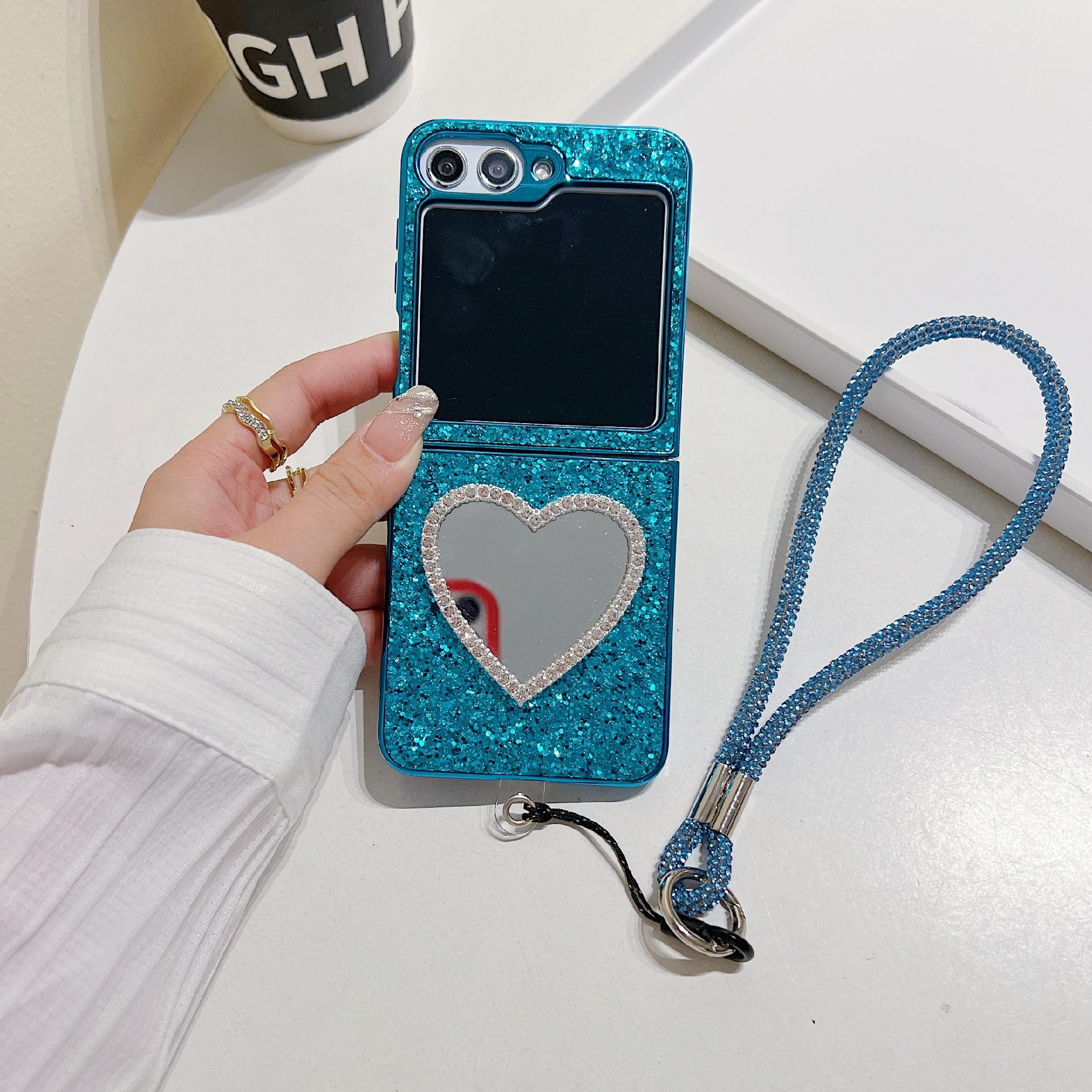 

Чохол для Samsung Galaxy Z Flip6 5G з ремінцем, Дзеркальна TPU+PC Блискуча Глітерна Задня Кришка Телефону Blue