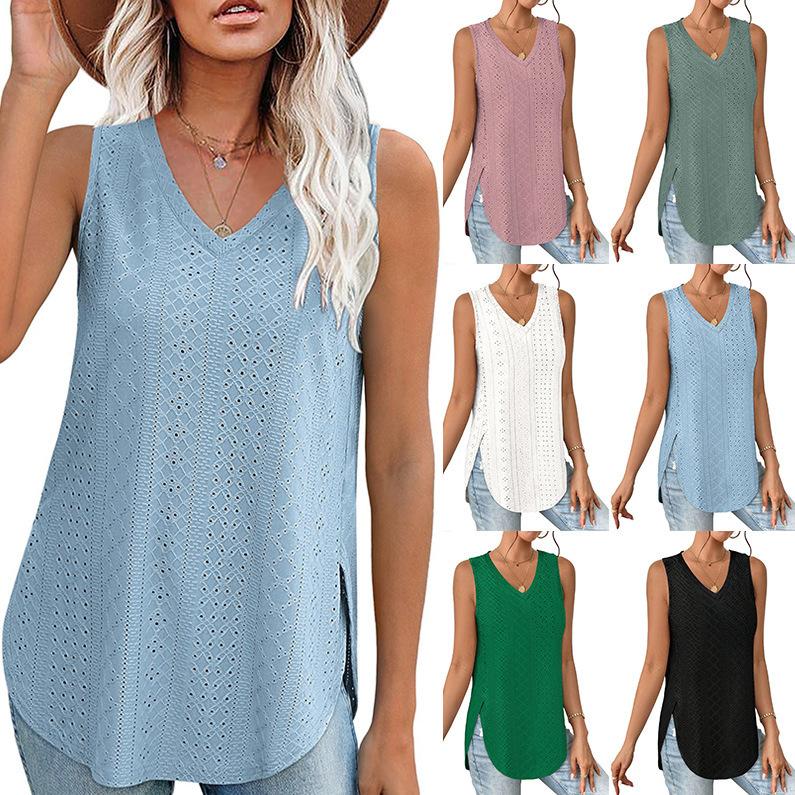 

2024 Women s Summer Top V-neck Vest Sleeveless Eyelet Jacquard Top Casual Vest Side Split T-shirts For Women Knitted Top S чорний
