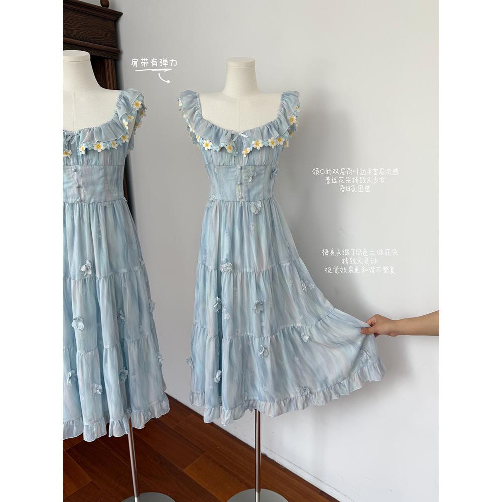 Retro Floral Sweet Dress for Women's Summer New Waist and Thin Temperament Long Skirt Seaside Vacation Style