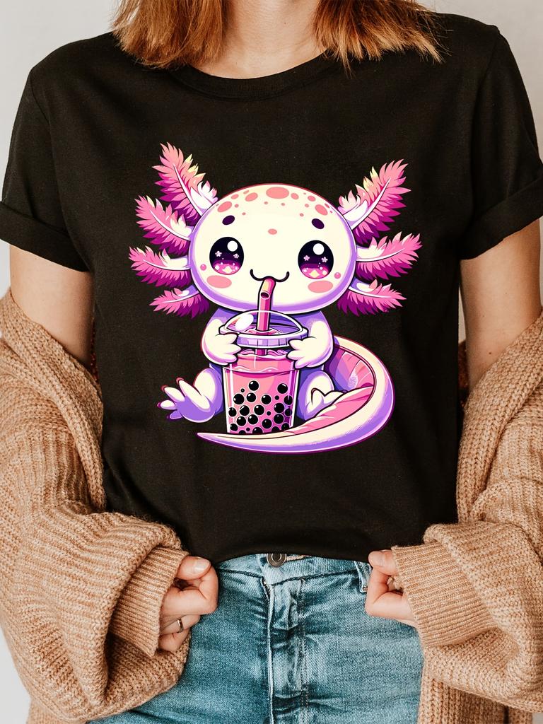 Axolotl Print Crew Neck T-shirt Short Sleeve Casual Top Summer Women's Clothing Print Clothing Women's Harajuku Graphic Clothing
