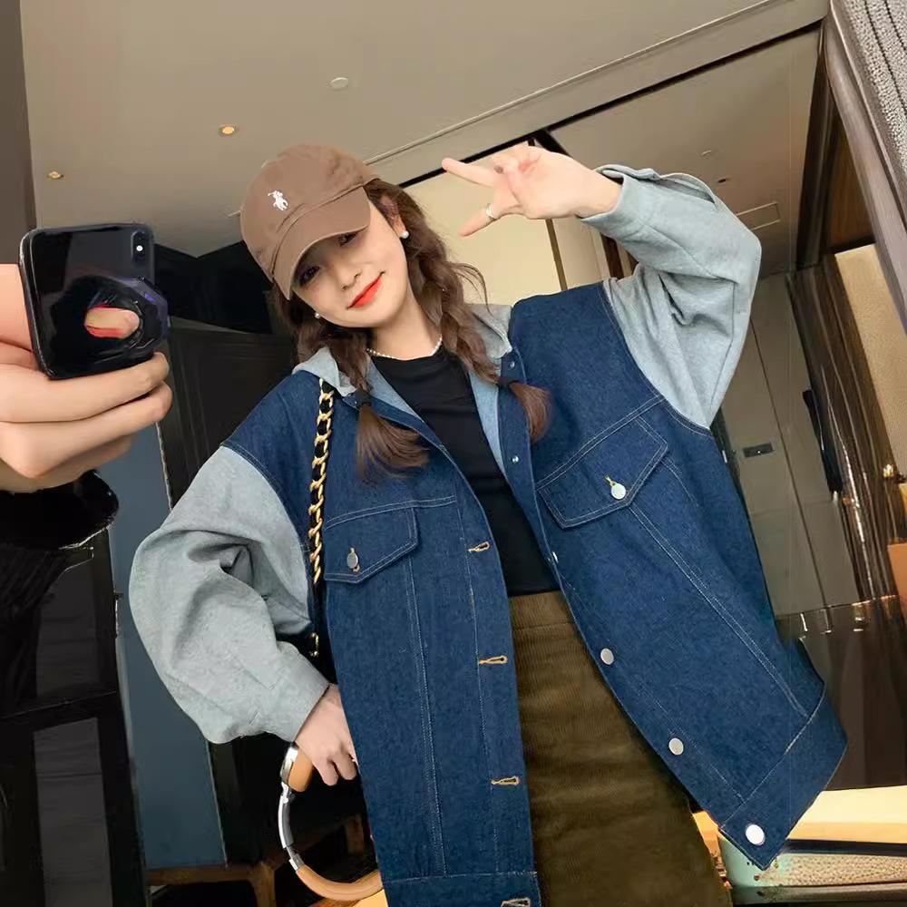 Hooded Denim Jacket for Women Spring and Autumn Korean Style Loose Top for Petites
