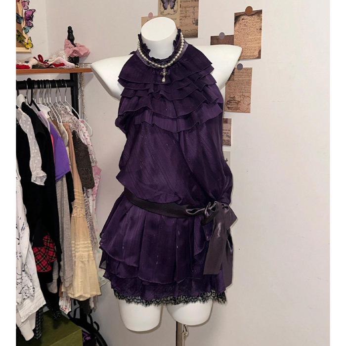 2026 Purple Satin Halter Neck Dress - Women s Summer Vintage Waist-Cinching Skirt Large