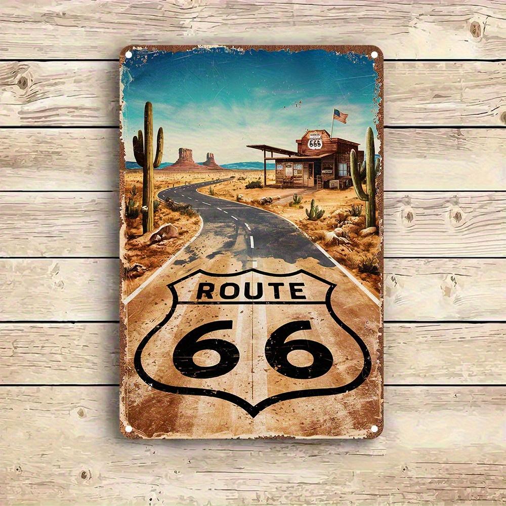 Vintage Route 66 Metal Sign - Rustic Iron Wall Art with Desert & Cactus Design, Perfect for Cafes, Kitchens, Bars, and Home Deco