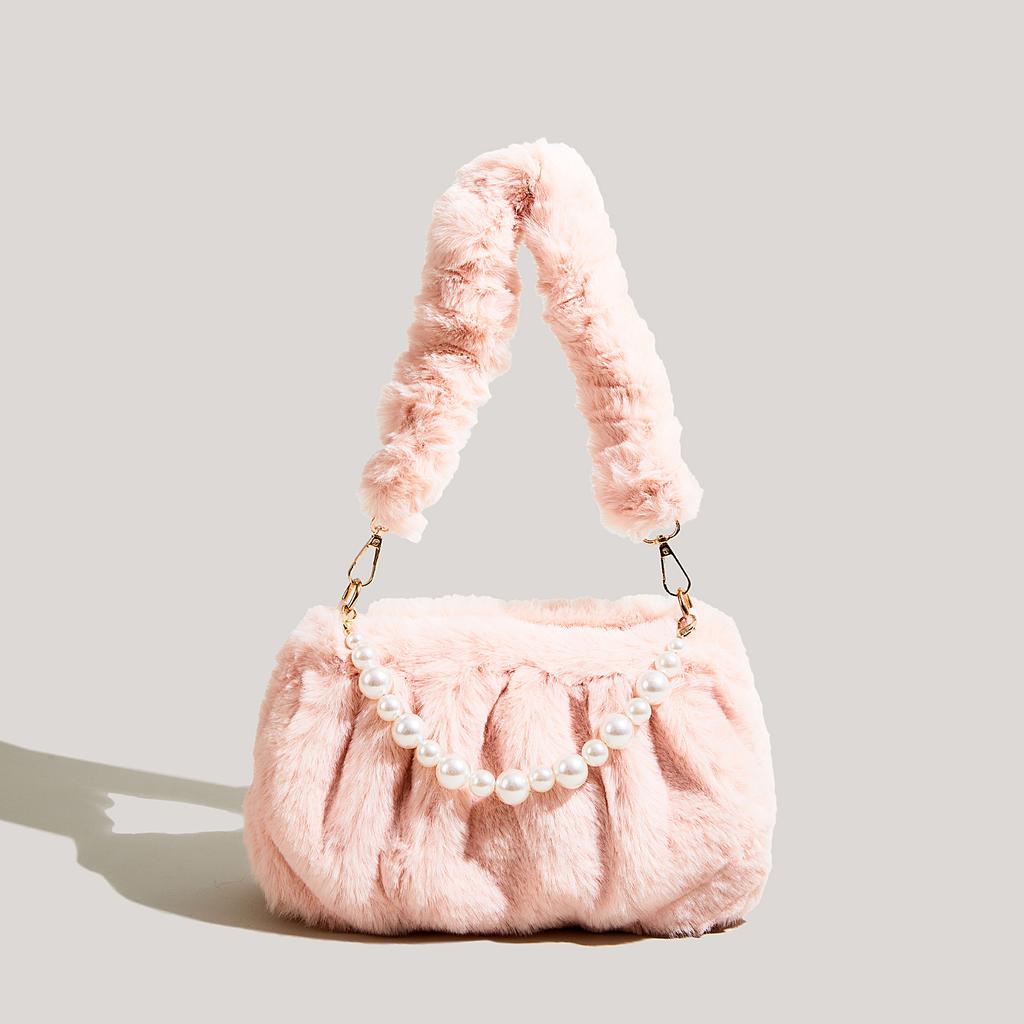 Autumn Winter Women Underarm Bag Pearls Beading Solid Female Plush Single Shoulder Bag Korean Fashion Classic Female Handbag