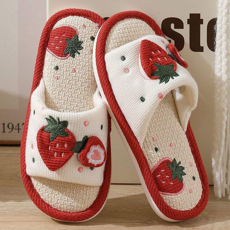 Korean Style Non-Slip Linen Strawberry Slippers for Women – Breathable, Sweat-Absorbent, Silent, Indoor Comfort for All Seasons