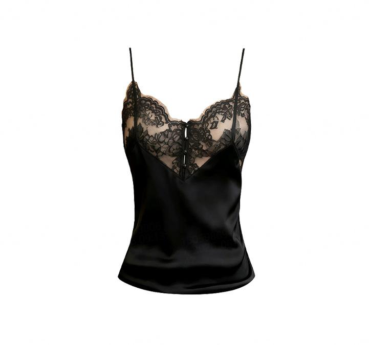 Sexy Spice Girl Style Black Lace Splicing V-Neck Suspender Vest Women's Summer Double Skinny Shoulder Strap Dropping Temperament Top