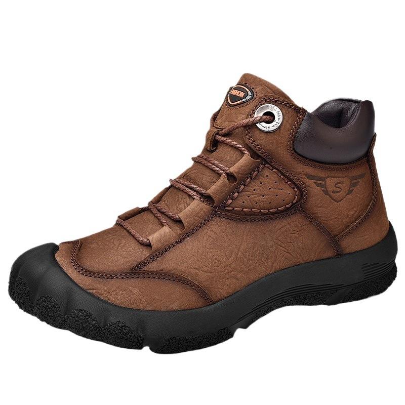 Winter New Velvet Men's Shoes Genuine Leather Tooling Leather Men's Outdoor Hiking Shoes Waterproof Casual High-top Men's Leather Shoes