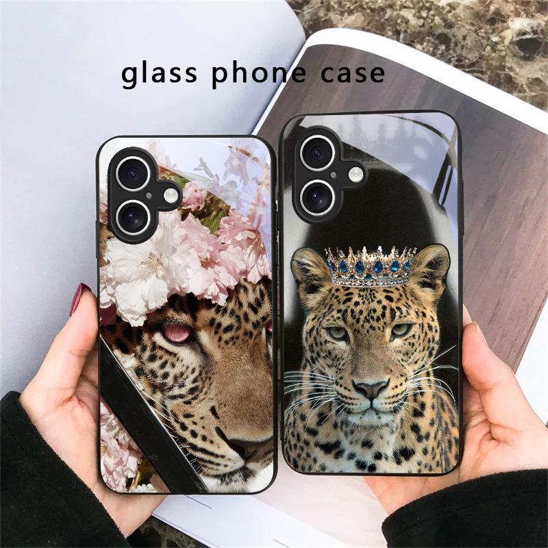 Flower Leopard Shadow For iPhone 17 Air 16 E 15 Plus 14 Pro Max 13 12 Mini 11 5 6 7 8 Plus XR XSMax SE Black Glass Phone Case
