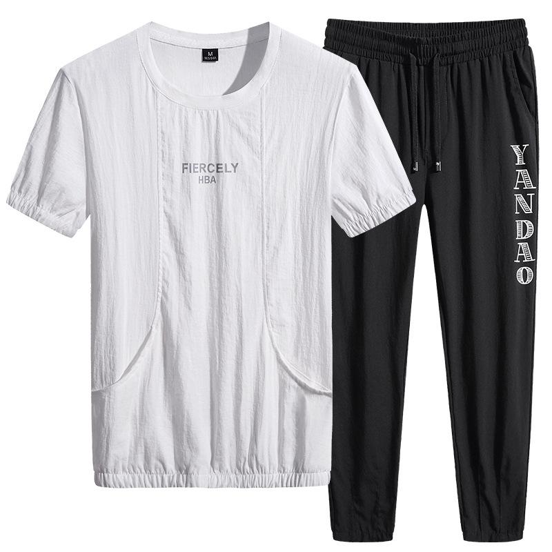 

Повседневный костюм мужской летний Ice Silk Plus Fat Plus Plus Plus Plus Size Fat футболка с короткими рукавами спортивные укороченные брюки L/55-62KG белый