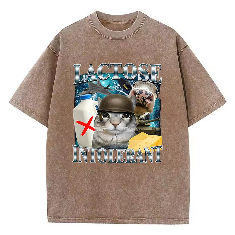Retro T Shirt Vintage Washed Cotton T-Shirt Lactose Intolerant Funny Cat Meme Graphic Tee Casual Streetwear Spring