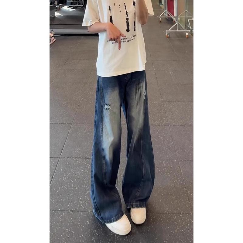 American Retro Blue Tooling Jeans Men's and Women's Summer Micro-pull Pants Loose Bf Lazy Wind Wide-leg Scimitar Pants