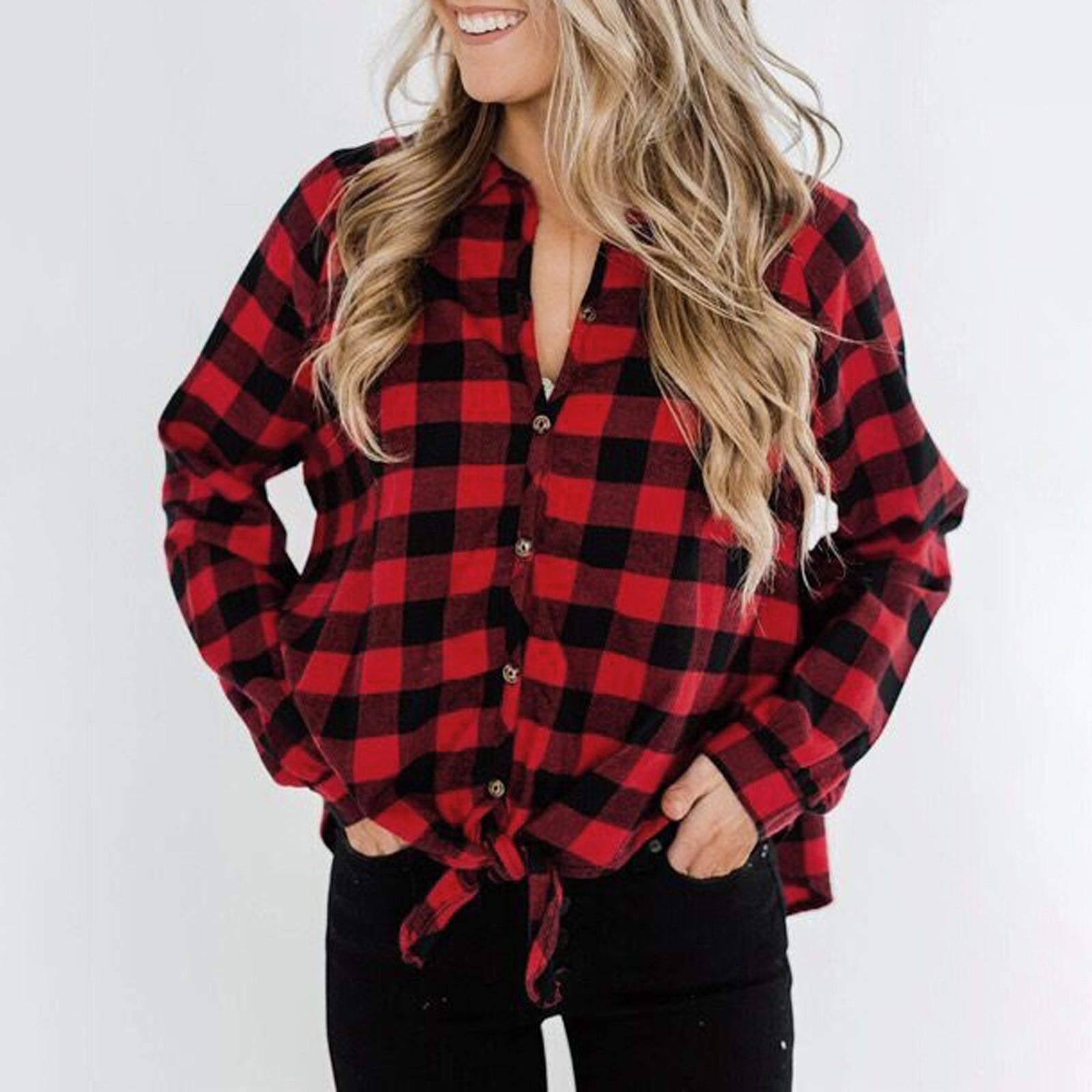 

Женская клетчатая толстовка с длинным рукавом, повседневная блузка на пуговицах, рубашки, топы M красный