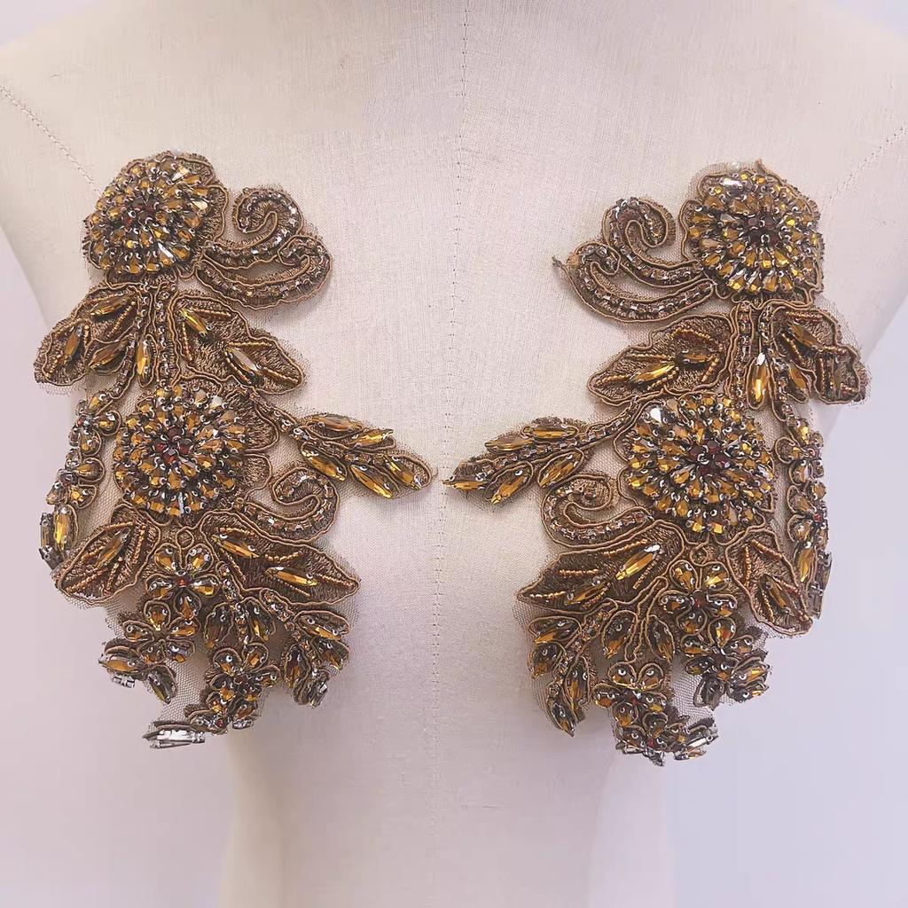 Custom 3D Eco-Friendly Flatback Hot Fix Rhinestone Appliques for Wedding Suits Costumes-Gold Beaded Trim Luxury Fabric