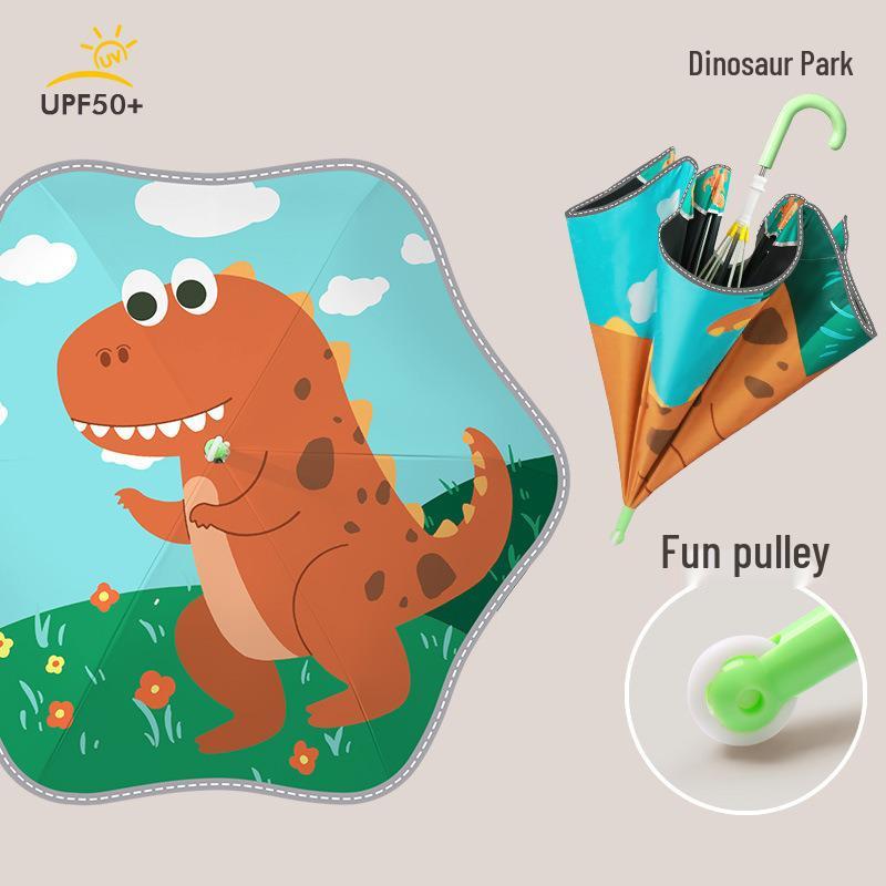 Children's Safety Cartoon Umbrella with Black Glue, Reflective Edging, and Crook Handle