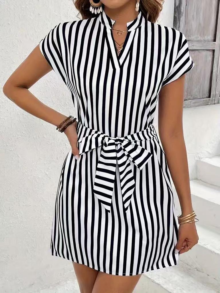 2026 Cross-border Independent Station Amazon 3D Printing European and American Women's Clothing Sleeveless Striped Lace-up V-neck Dress Vacation