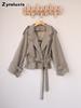 Autumn Vintage Green Casual Loose Waist Tapered Belt Temperament Commute Windbreaker Jacket for Women High-End Feeling