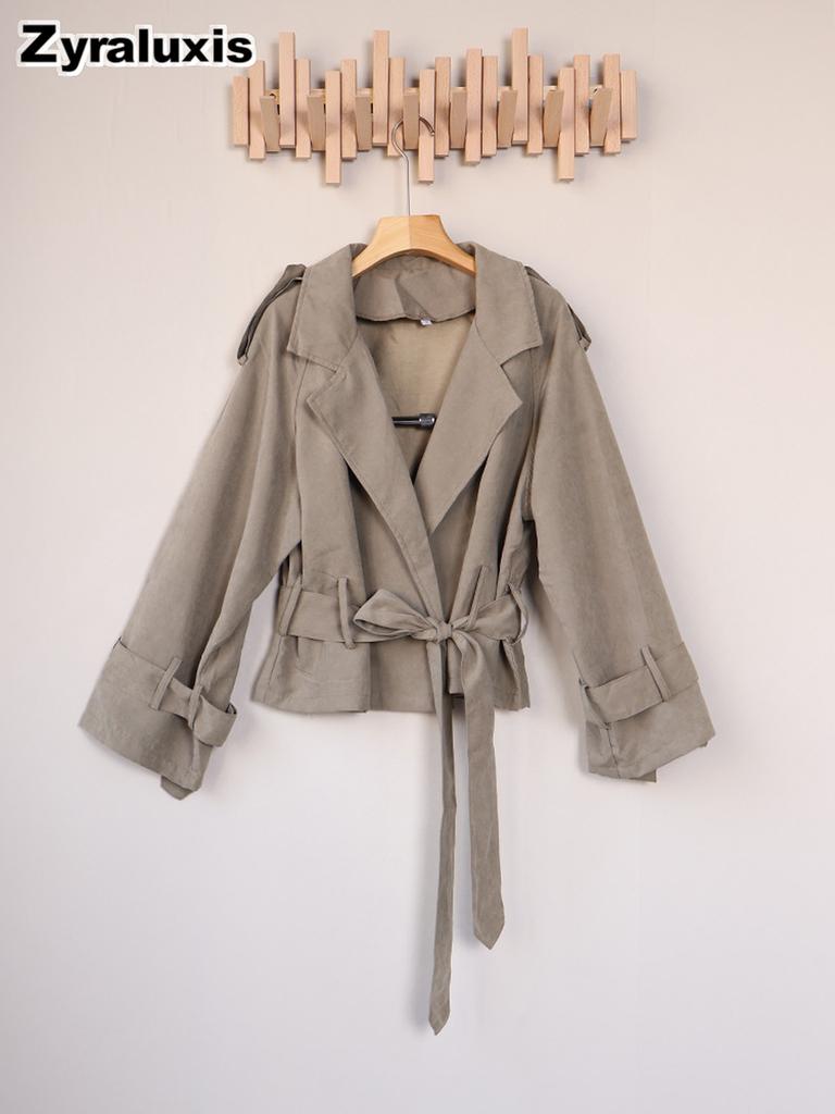 Autumn Vintage Green Casual Loose Waist Tapered Belt Temperament Commute Windbreaker Jacket for Women High-End Feeling