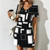 Summer Fashion Women's V Neck Short Sleeve Retro Geometric Pattern Printed Dress Sex Short Skirt Dresses