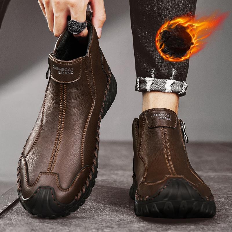 Fashion Natural Cow Leather Men Boots Handmade Retro Genuine Leather Winter Shoes Anti-slip Wear-resistant Comfortable Soft-soled Outdoo