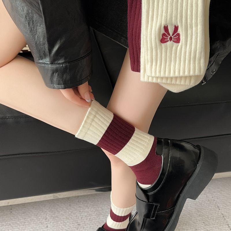 Ancora Women's Mid Tube Pure Cotton Socks Korean Style Bow Embroidery  Warm Breathable Festive New Year Girls Socks