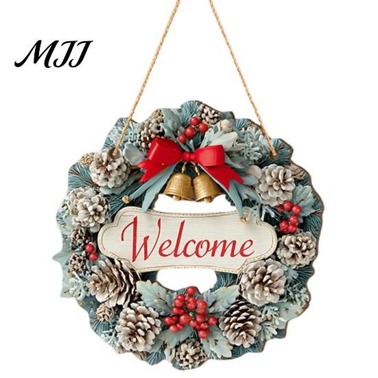 Porch Hanging Ornament Wooden Christmas Welcome Sign, Animal Round Door Decor, Outdoor Weatherproof Sign Farmhouse for Window Garden Holiday