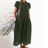 Summer Women Cotton Linen Casual Loose Solid Color Sleeve Short O Neck Pocket Stitching Comfortable Dress