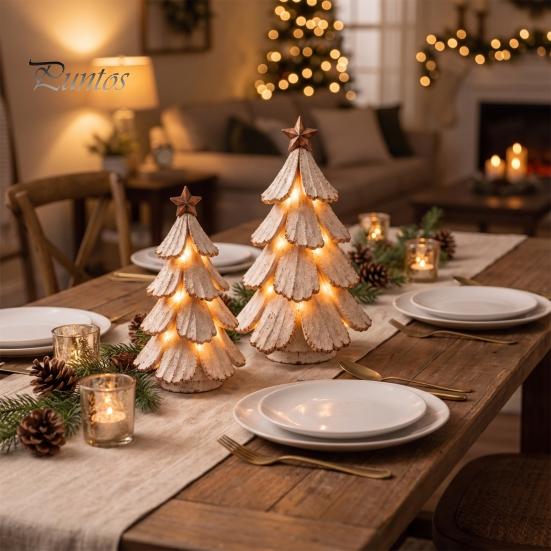 Ornement de Chambre de Fête 1/2 Pièces Figurine d'Arbre de Noël Lumineuse Vintage, Mini Centre de Table de Bureau, Décorations d'Hiver pour la Maison avec Lumières LED Chaudes, Pin