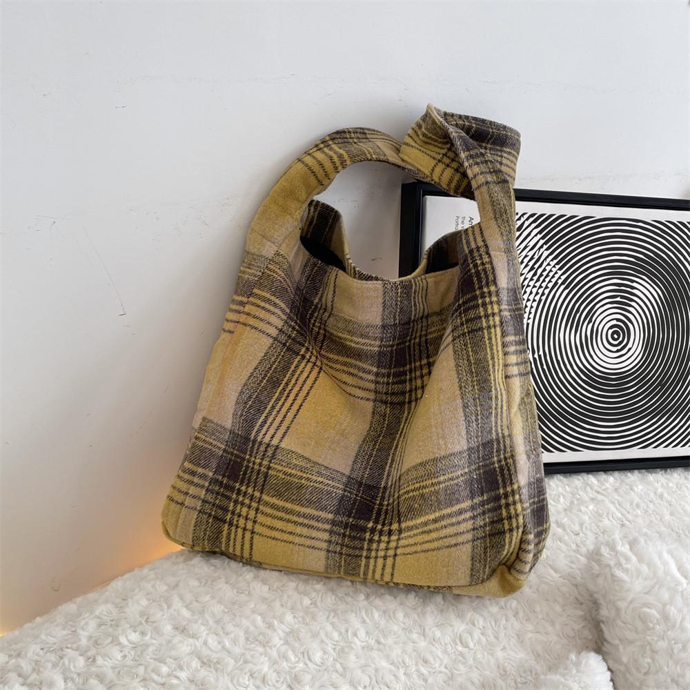 Stylish College Style Plaid Wool Shoulder Bag Spacious Crossbody Tote For Students