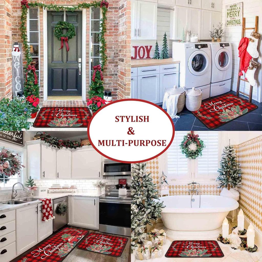 2pcs Christmas Kitchen Area Rug Durable Entrance Welcome Floor Mat for Balcony Corridor Long Rug for Home Decoration