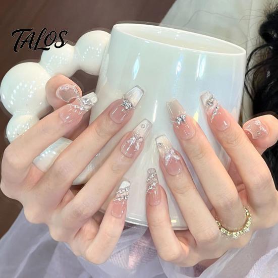 Unhas Postiças Gradiente Nude 10 Peças Press on Nails, Kit Completo Rosa Falso, Reutilizável Glitter Luxo Pedraria Cola para Nail Art com Pedrarias, Cobertura