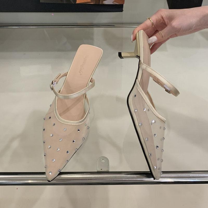 

Fashion Female Rhinestones Footwear Pointed Toe Ladies Heels Slippers Sandals Fashion Mesh Women Heeled Slippers Slides Mules Shoes 35 бежевый