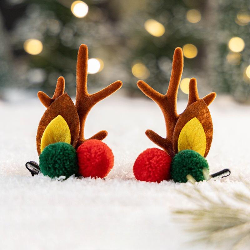 Reindeer Antler Hair Clips with Pom-Poms and Ears-Festive Christmas Hair Accessories for Women, Ideal for Seasonal Celebrations