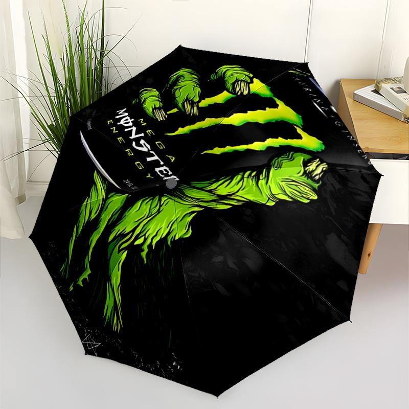 Monster Energy LOGO Print Automatic Umbrella, 8 Rib Iron Frame, Plastic Handle, Suitable for Outdoor Travel &Daily , Ideal Gift