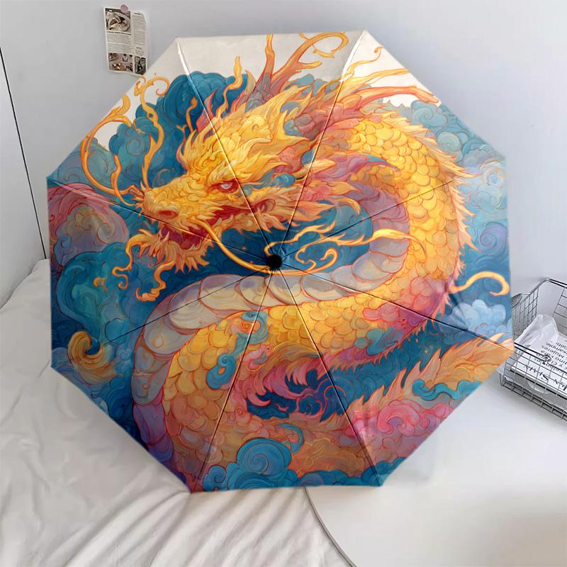 Golden Dragon  Pattern, Automatic Folding Umbrella, Portable and Foldable Design, 8 Ribs, a Christmas or Birthday Gift.