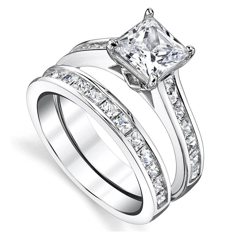 CAOSHI Classics Silver Color 2Pcs/Set Rings for Women Temperament Square Cubic Zirconia Jewelry Accessories for Wedding Party