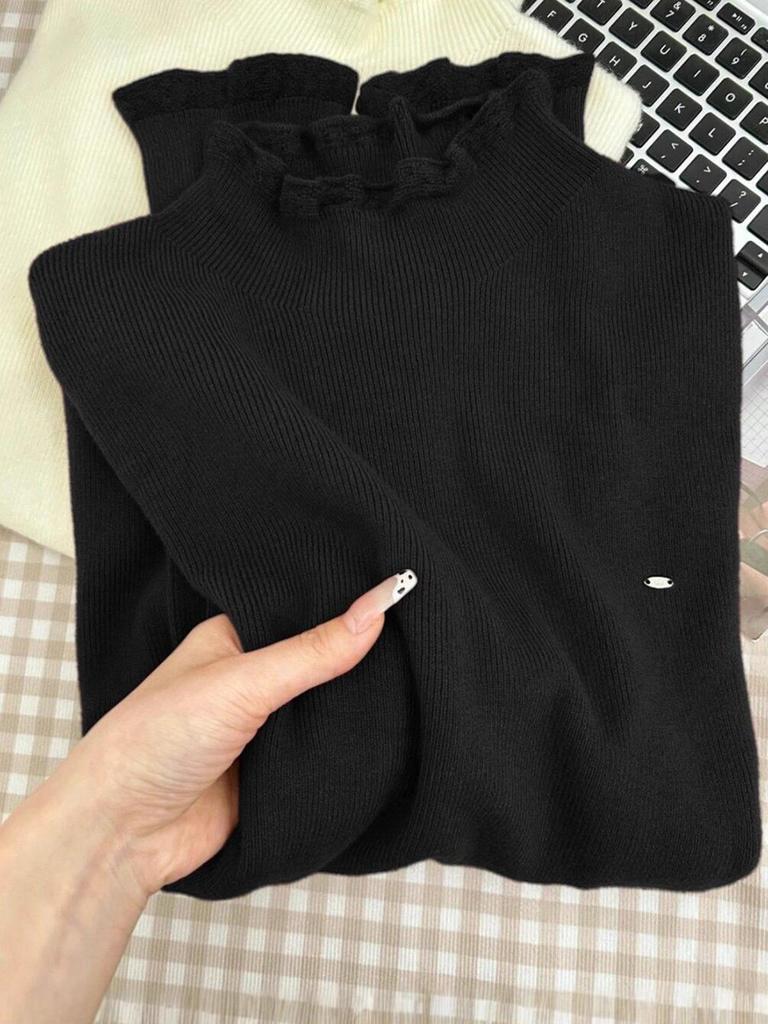 Fungus edge crochet knitted bottoming shirt women's autumn and winter stacked wearing retro semi-turtleneck long-sleeved temperament sweater top