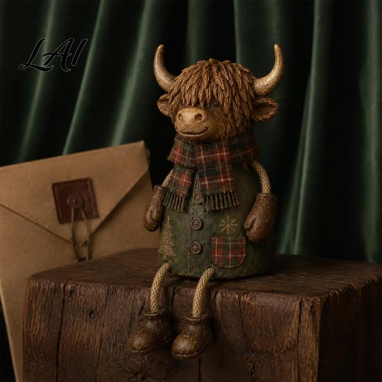 Decorative Figurine for Mantle Christmas Highland Cow Figurine Cute Ornament with Retro Plaid Clothing Farmhouse Holiday Tabletop Shelf And
